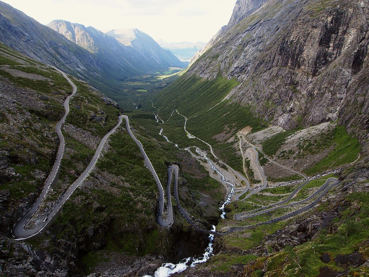 The winding Trollstigen mountain road threading through a Norwegian valley